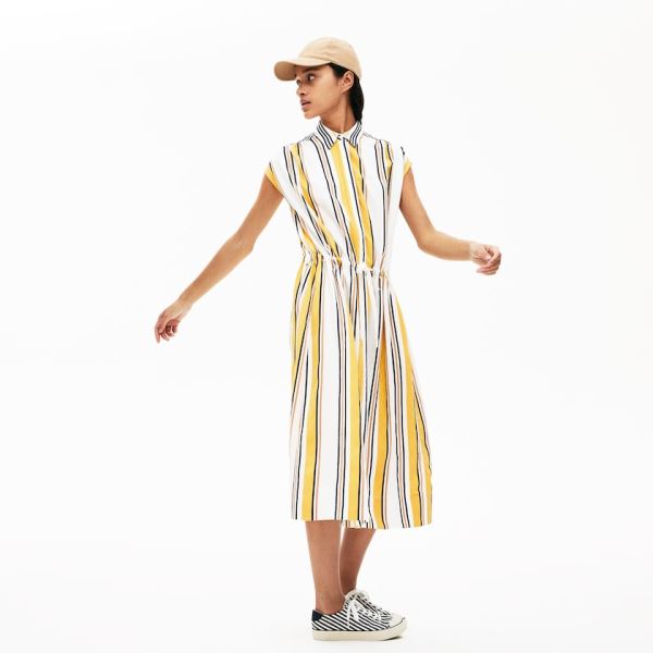 Lacoste Long Striped Shirtdress Dámské - Šaty Bílé / Tmavě Blankyt Blankyt / Žluté / Světle Hnědé |